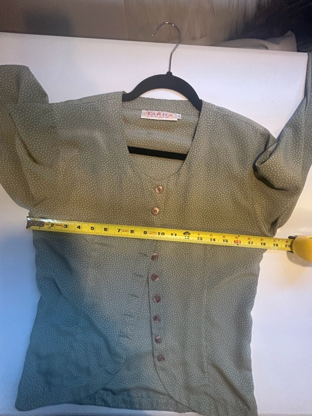 Vintage 90s Olive Green Polka Dot Blouse Office Minimalist Button Top size Small - Picture 12 of 13